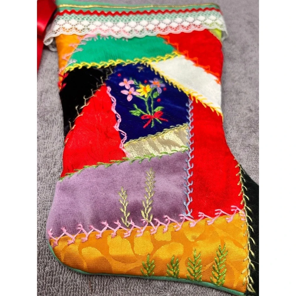 Vintage Handmade Crazy Quilt Christmas Stocking 10